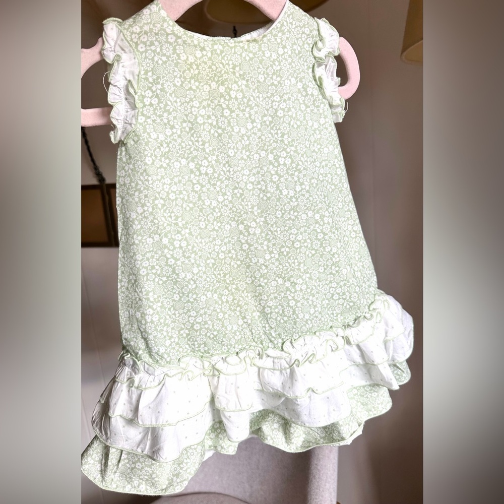 Floral Ruffle Kids Dress - Green and White